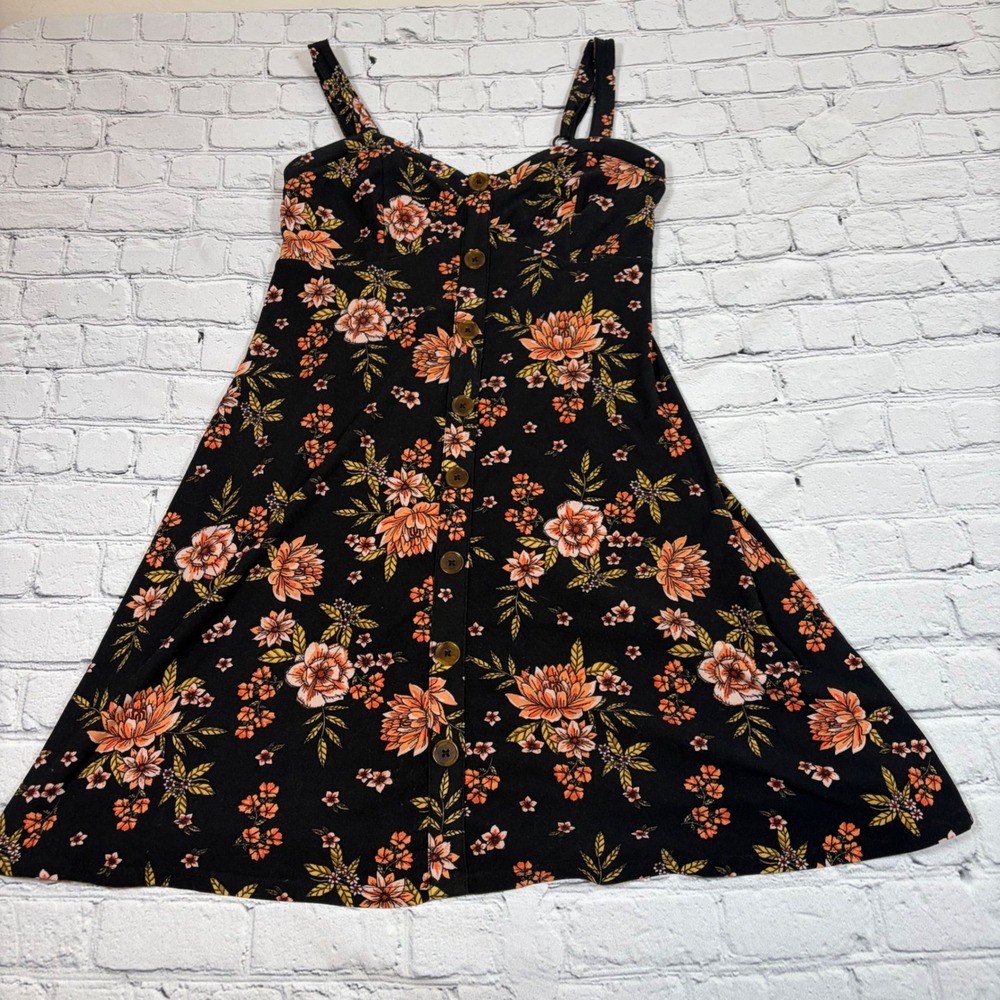 No Boundaries Women Black Floral Button Down Mini Dress Size M 7-9 Sundress